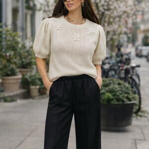 Vintage 70’s Silk Blend Knit Sweater Puff Sleeve Floral Appliqué Sz M (Runs S)